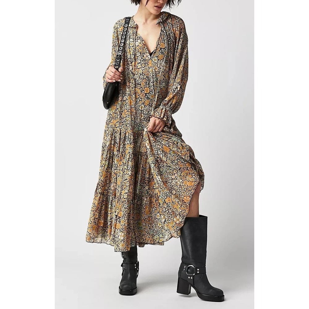 Free People Feeling Groovy Maxi Dress Yellow Floral Sheer Tiered LS Size Medium